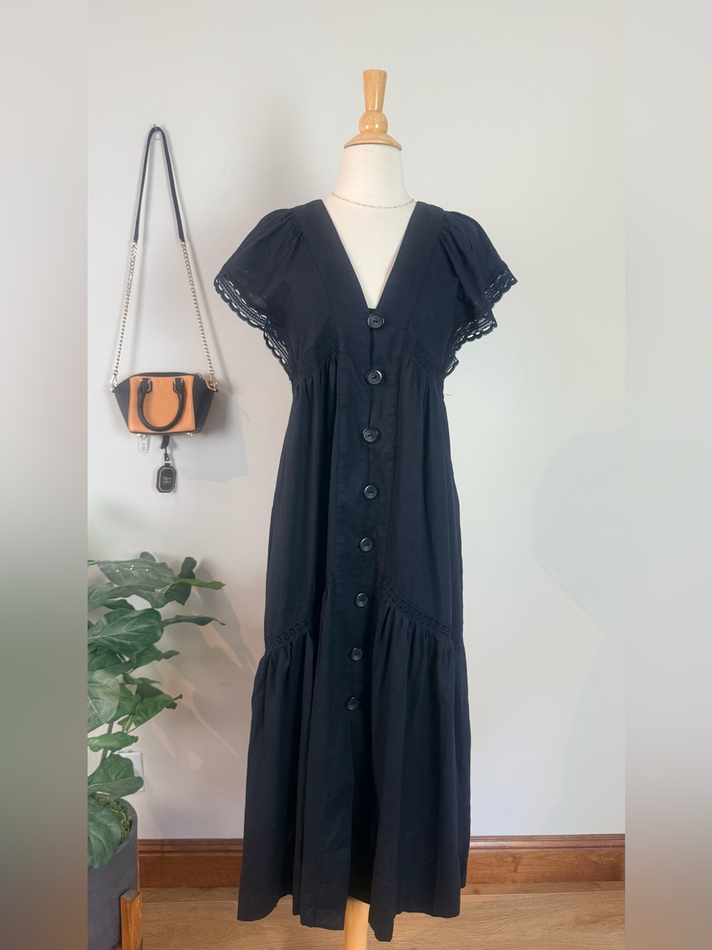 Anthropologie Black Button-Front linen Midi Dress